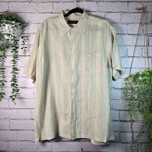 TASO ELBA SILK LINEN BLEND MENS SHORT SLEEVE BUTTON DOWN CREAM OLIVE STRIPES XL